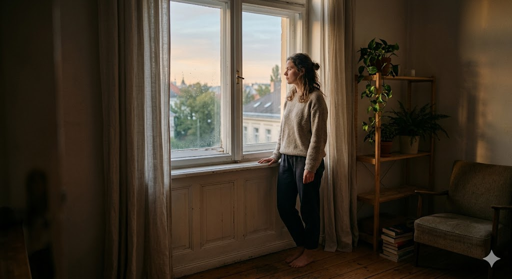 samotna kobieta patrzaca przez okno